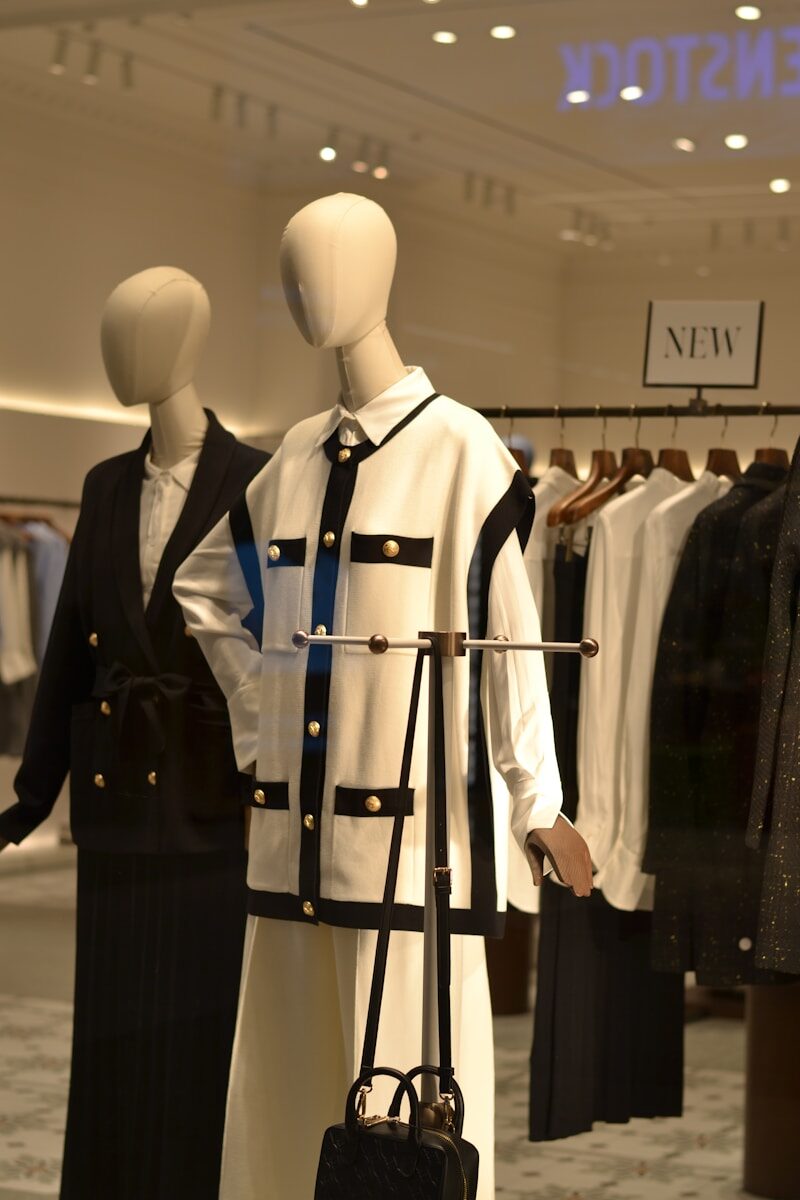Mannequins dressed in black and white in a clothing store